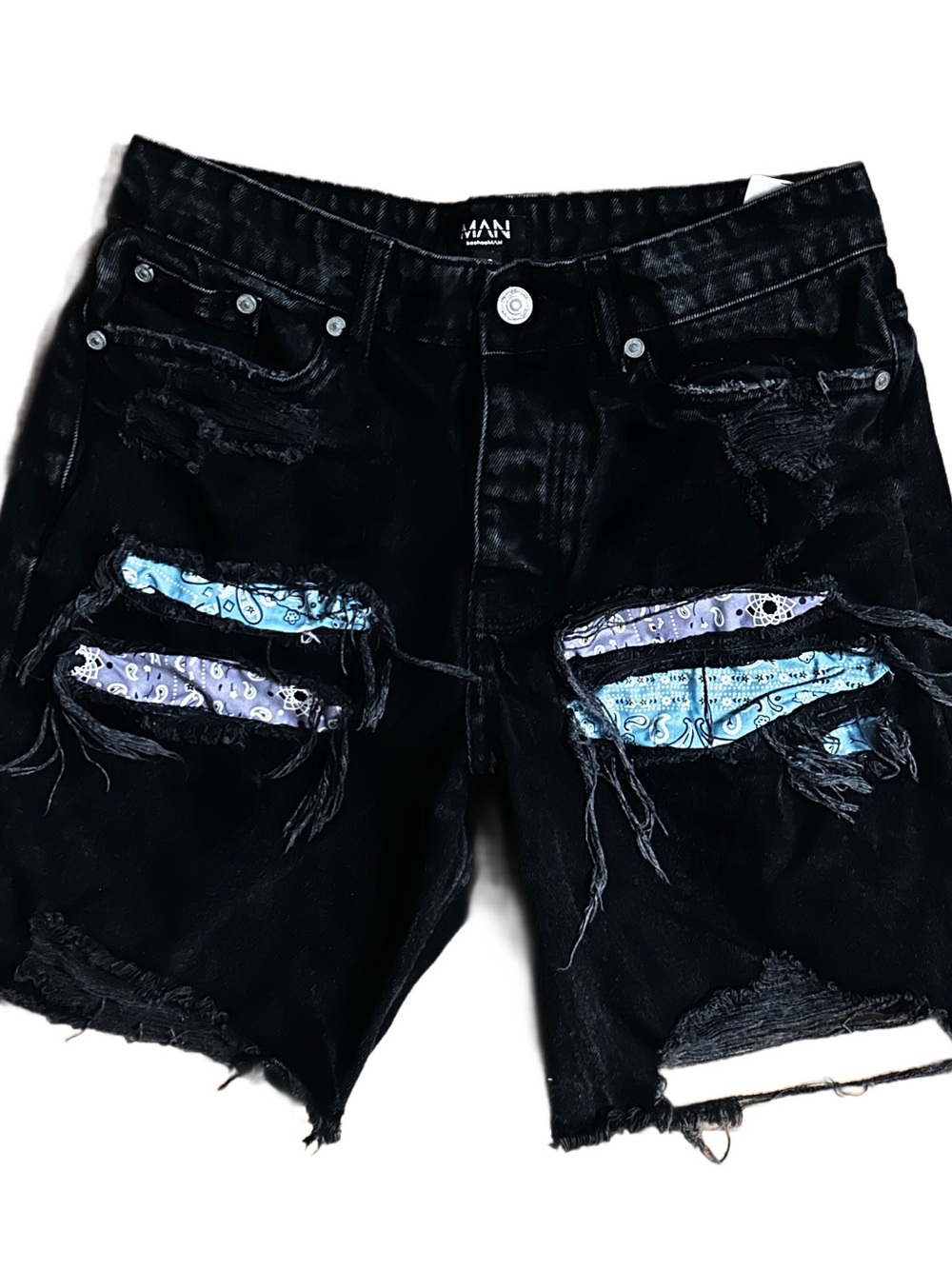 BoohooMan ~ Men’s 32R ~ Black Distressed Ripped Bandana Shorts